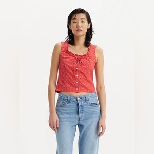 Retro Levi's Coral Red Polka Dot Sleeveless Button-Up Tank Vest Top Ruffled Neck